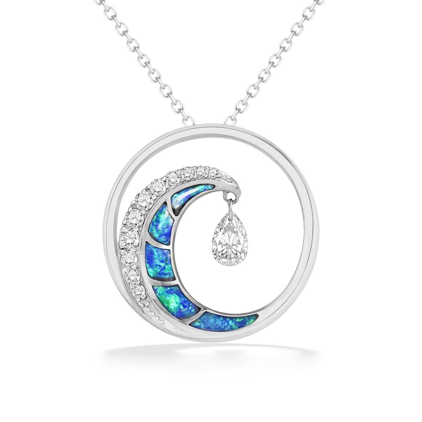 White gold classic wave pendant with opal inlay, diamonds & dangling center pear shimmer. Item No. 40273