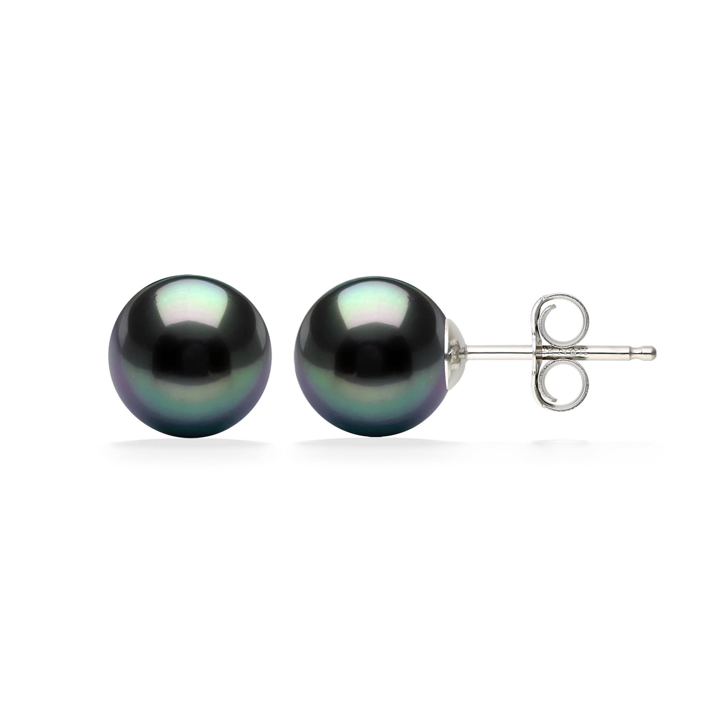Classic 14k white gold stud earrings with round 9mm tahitian pearls, deep luster and subtle sheen. Item No. 11349