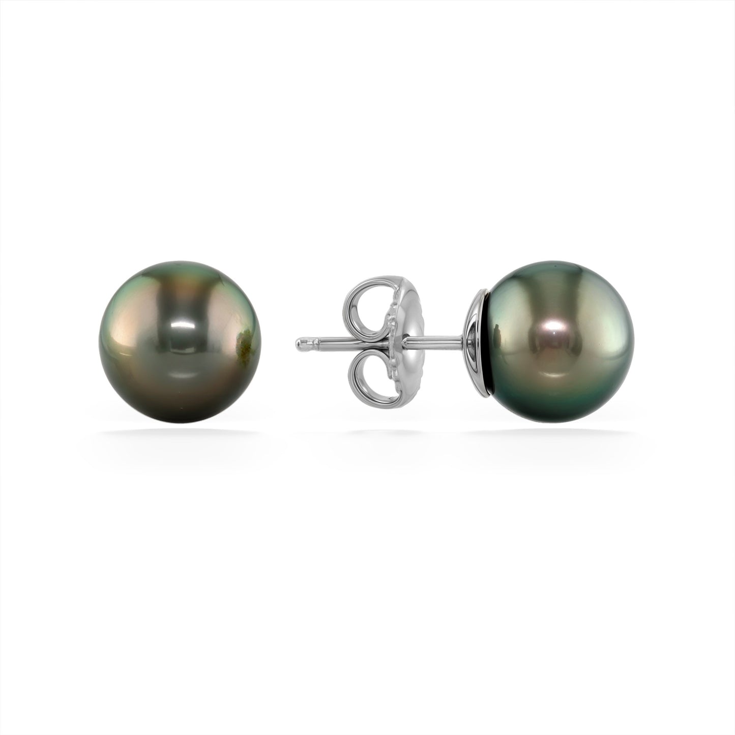 Front view of tahitian pearl stud earring (8mm) with the right earring showing 14K white gold post and earnut. Item No. 11328