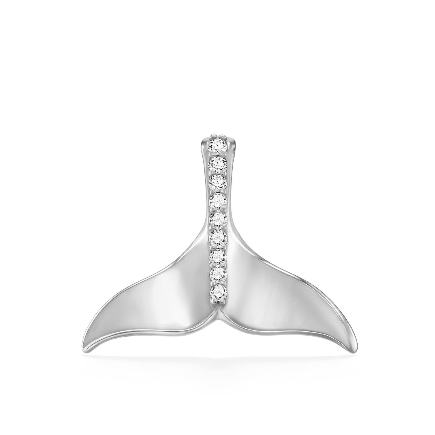 Whale tail pendant in polished 14k white gold accented with a vertical row of diamonds along the center. Item No. 11290