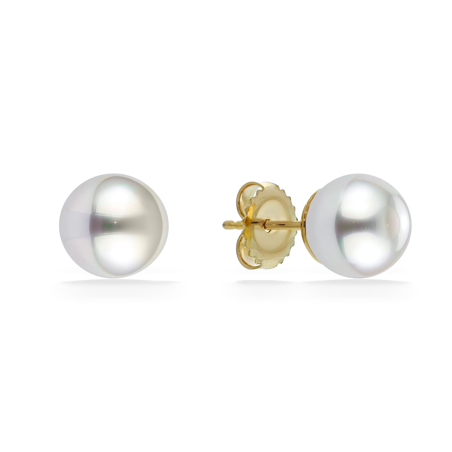Pearl stud earrings featuring a pair of radiant white akoya pearls, 8mm, with 14K yellow gold posts & earnuts. Item No. 14219