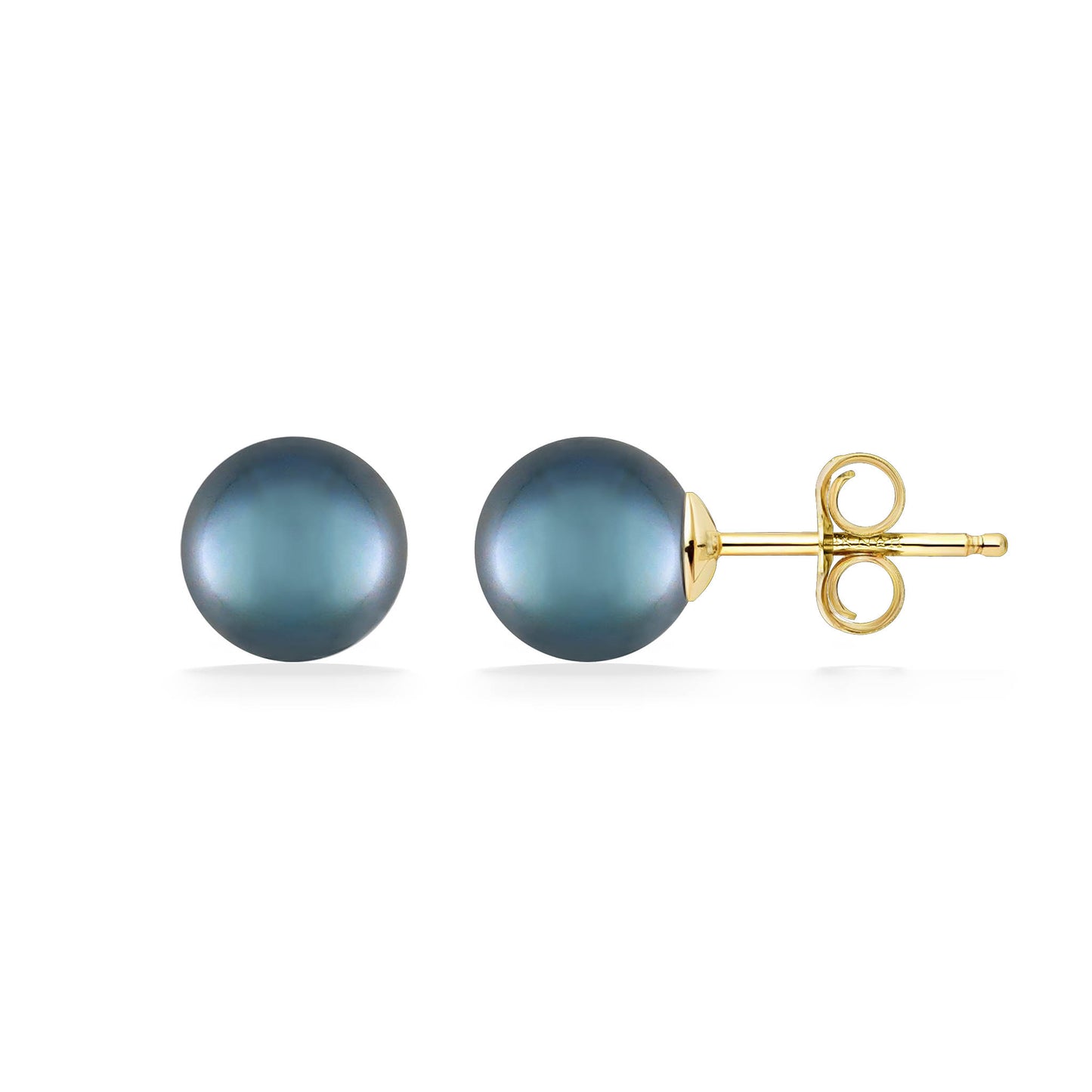 Partial view of pearl stud earrings with 7mm rich blue akoyas and 14k yellow gold secure backings. Item No. 14283