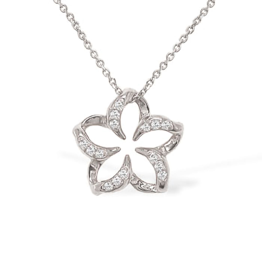 Shimmery small 14k white gold floating plumeria pendant with diamond-lined open petals. Item No. 13185