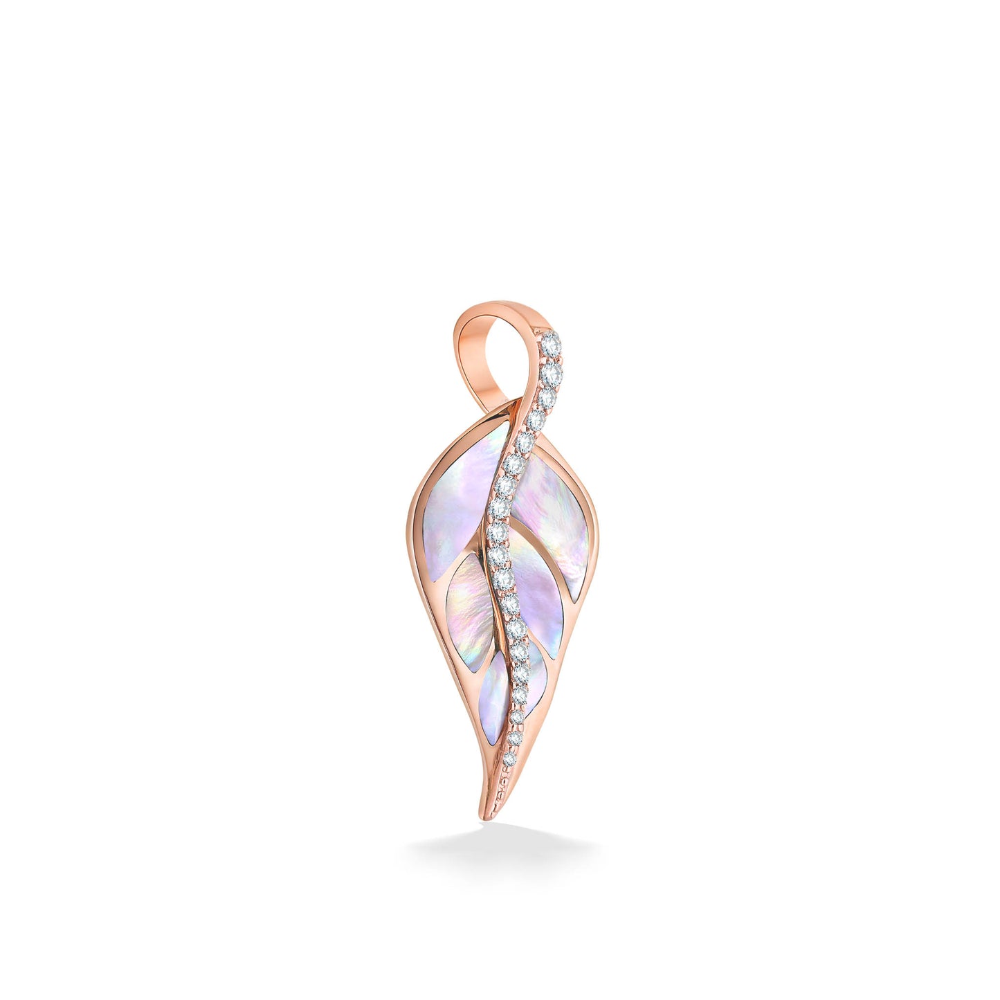 Rose gold maile leaf pendant with iridescent pink mother-of-pearl and sparkling diamond accents. Item No. 13239