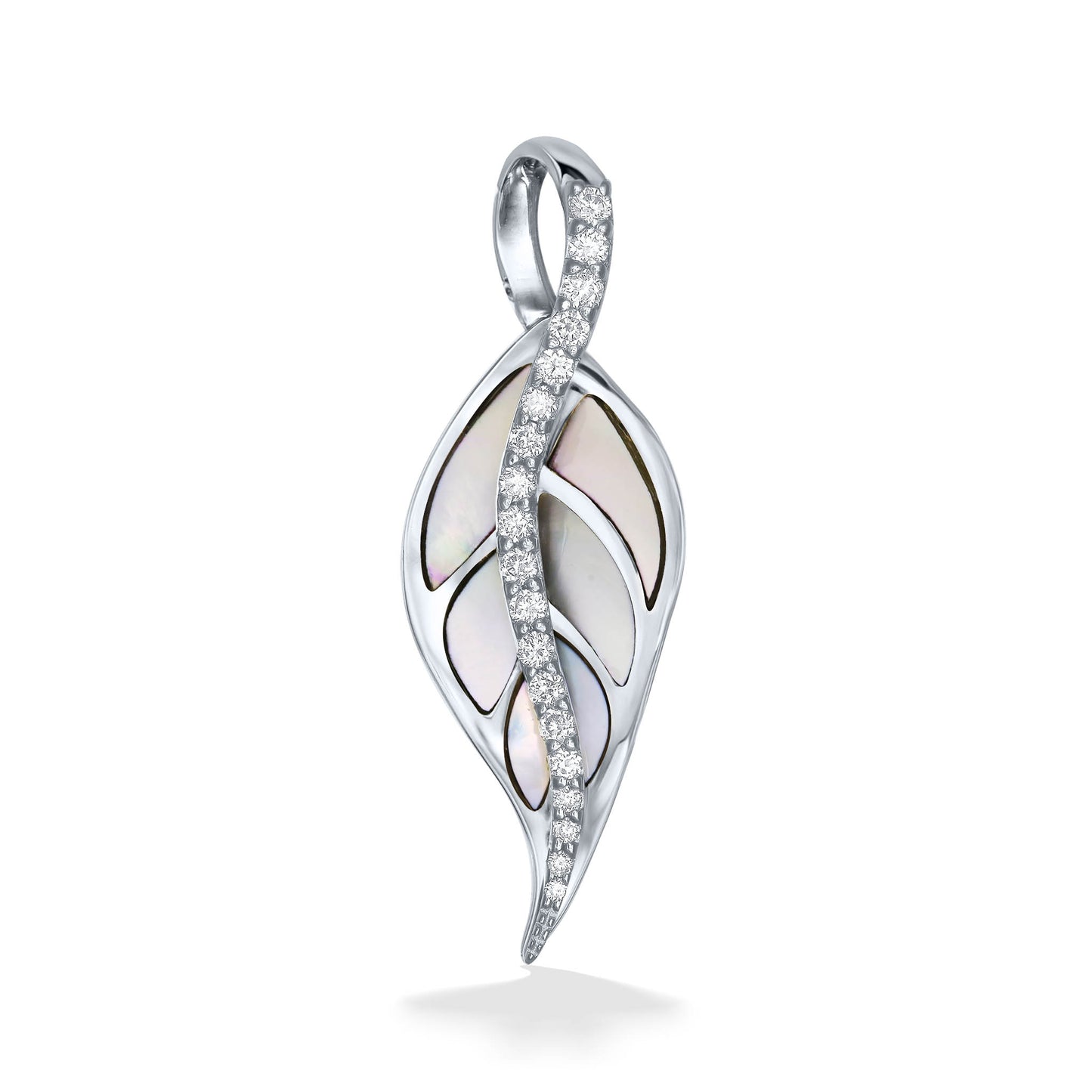 White gold maile leaf pendant glowing with smooth white mother of pearl & refined sweep of brilliant diamonds. Item No. 15078