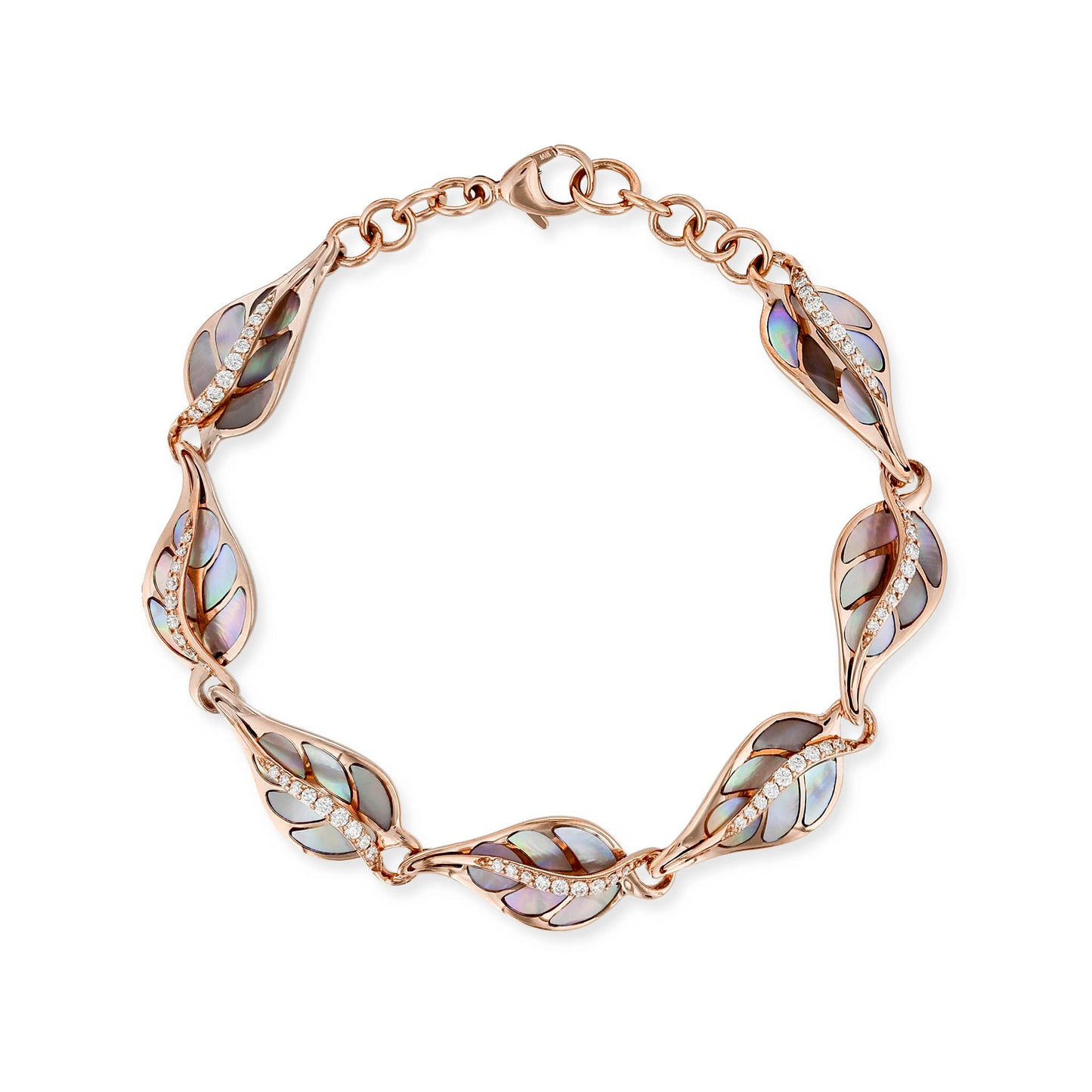 Maile leaf linked bracelet in rose gold showcasing abalone inlay in each leaf with a diamond-lined center. Item No. 15192