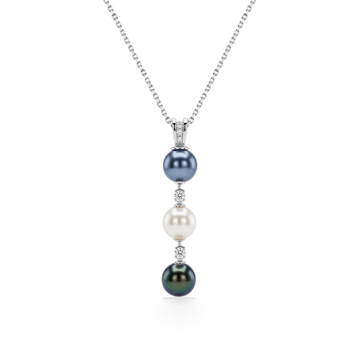 Linear vertical pendant with diamond bail & alternating pearl & diamond in the order of blue, white & peacock akoyas. -17377