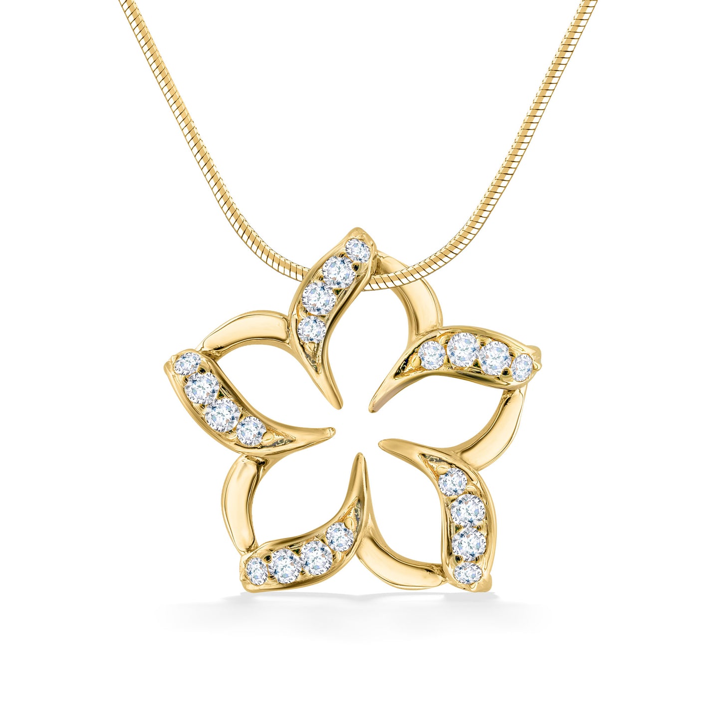 Gold plumeria shaped pendant with hollow center & smooth petals. Pavé-set diamonds on left side of each petal. Item No. 18839