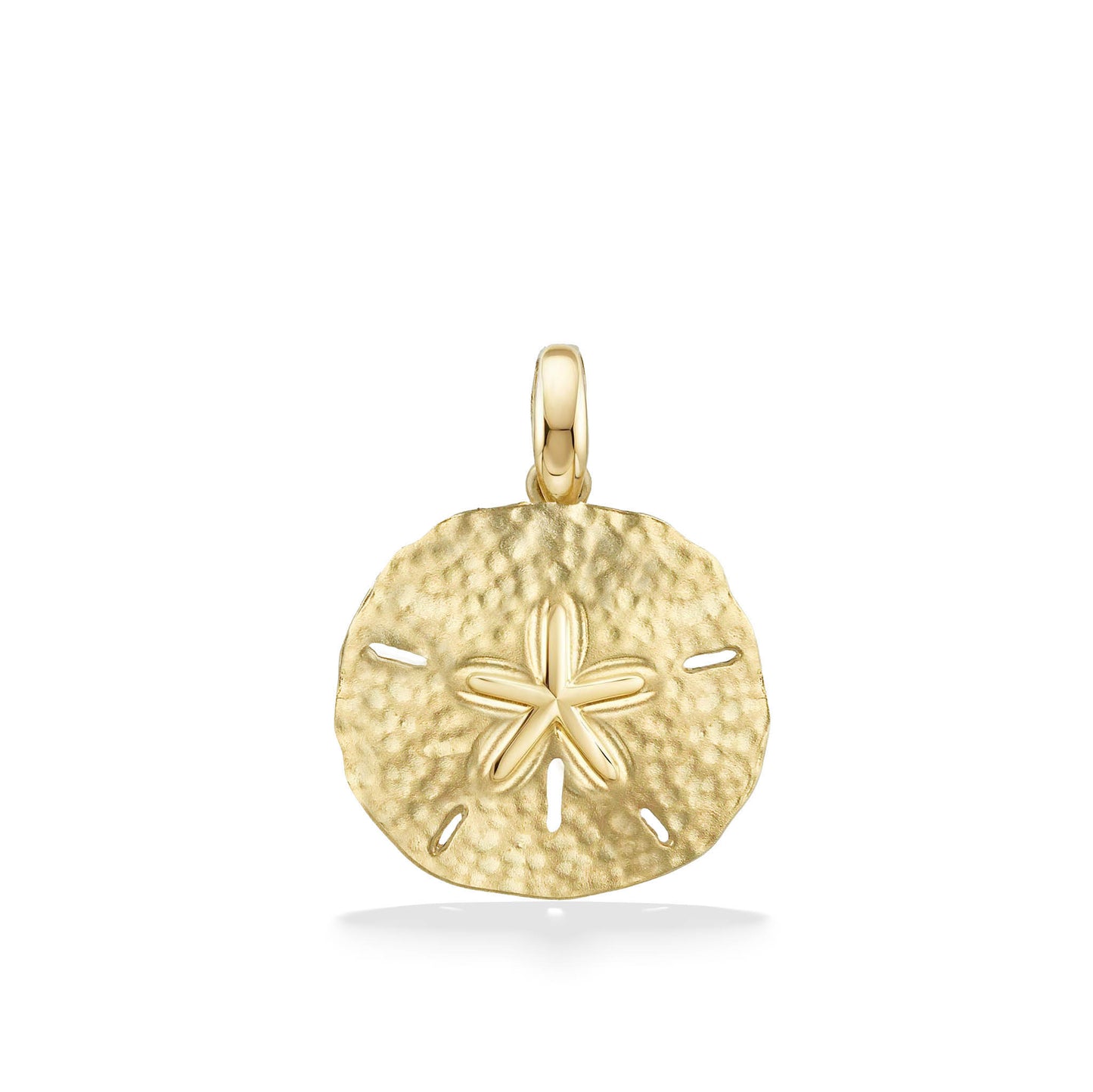 Sand dollar charm pendant measuring 9/16 inch length with detailed sand dollar design in 14K yellow gold. Item No. 19202