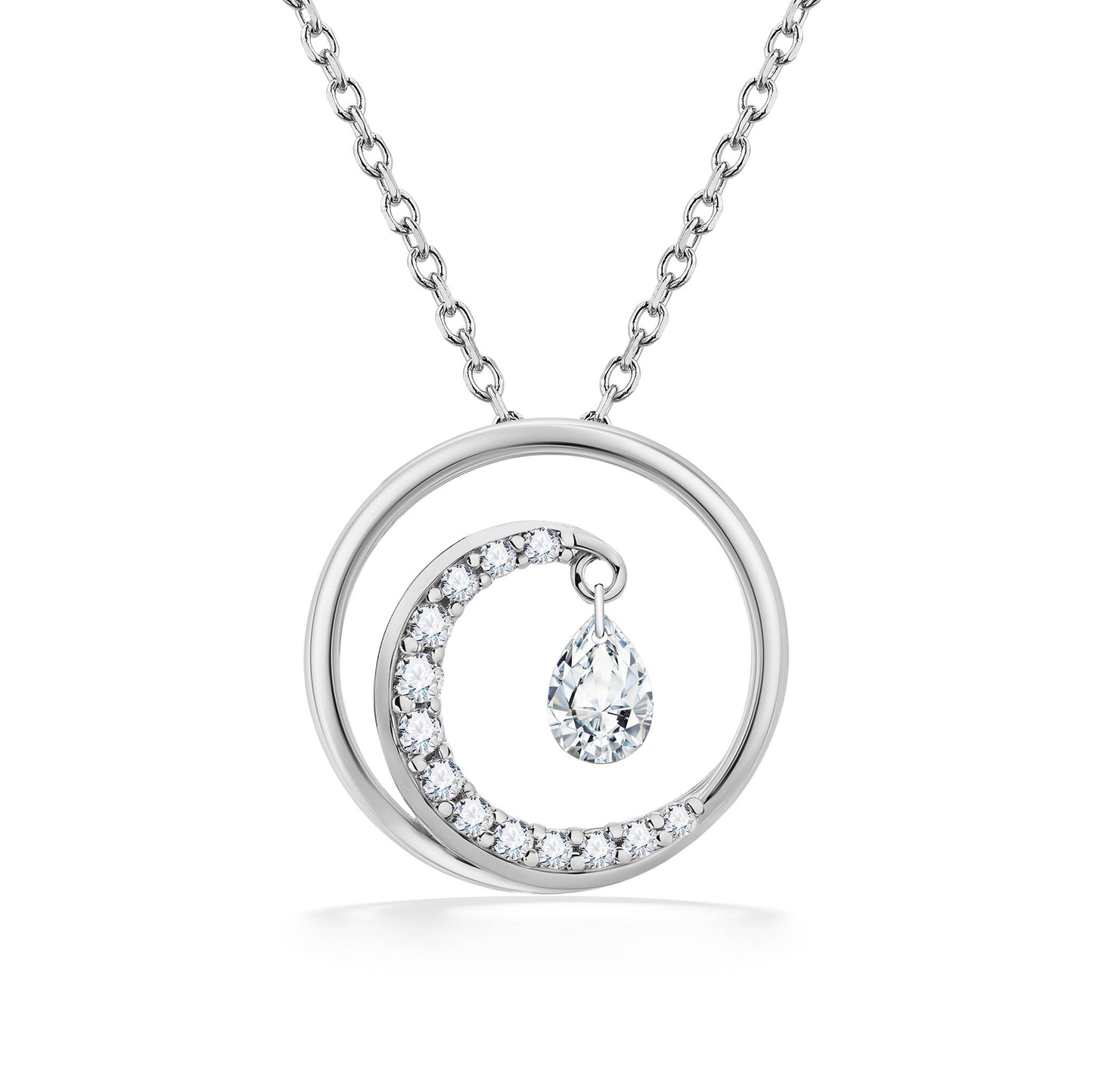 White gold pendant in wave-shaped design with a diamond-lined crescent in circle, holding a pear shimmer. Item No. 19341