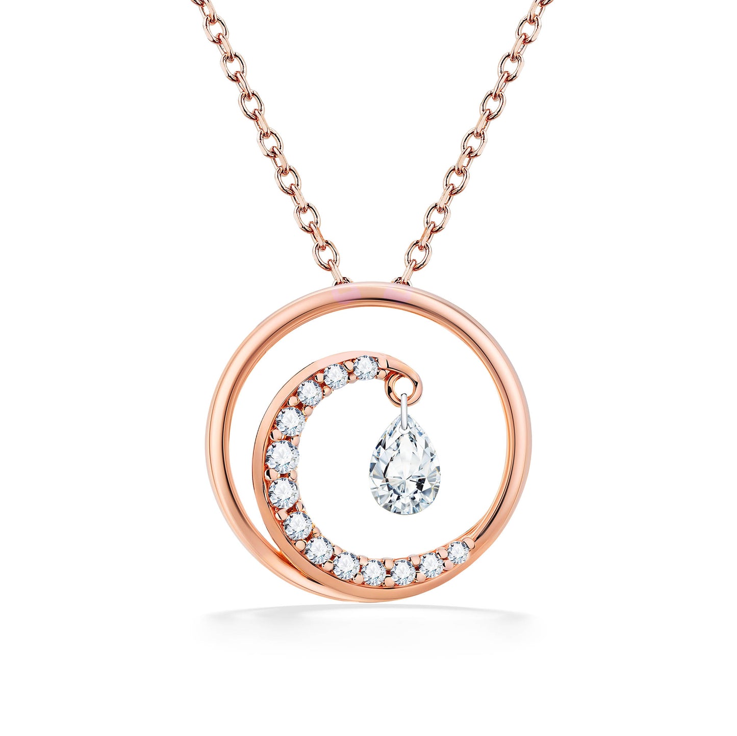 Circle wave-inspired pendant in rose gold with a diamond-accented crest holding a pear shimmer diamond. Item No. 19342