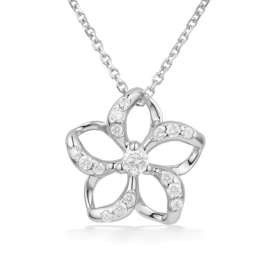 Glamorous white gold plumeria pendant with diamond-lined open arc petals and diamond center. Item No. 19344