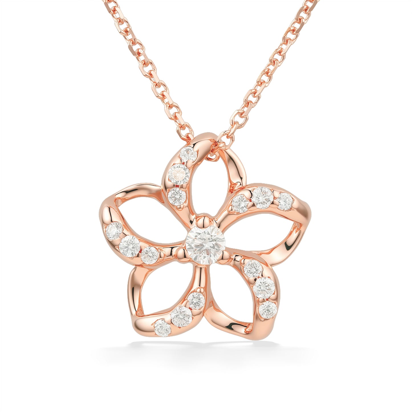 Diamond-lined open petal plumeria pendant featuring a center diamond set in 14k rose gold. Item No. 19345