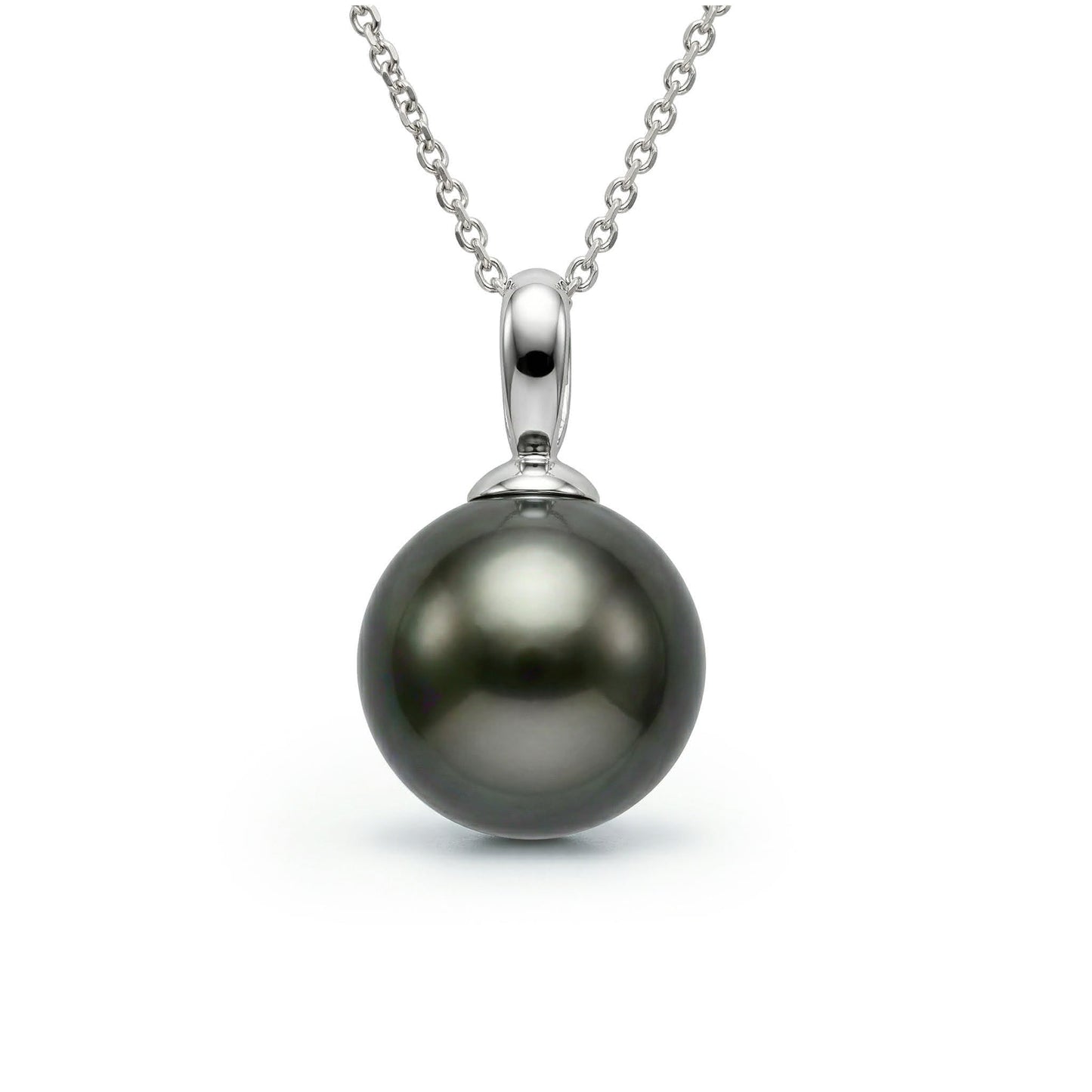 Minimalist 14k white gold necklace featuring a single round 10mm tahitian pearl pendant. Item No. 19376