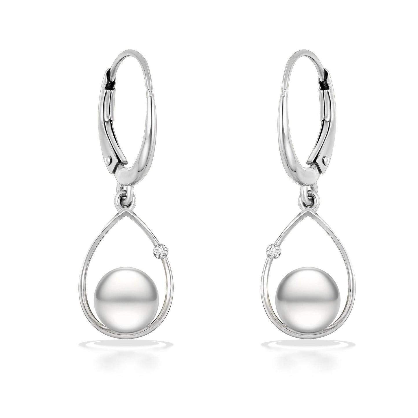 White gold leverback earrings featuring a teardrop frame with an akoya pearl and subtle diamond detail. Item No. 19475