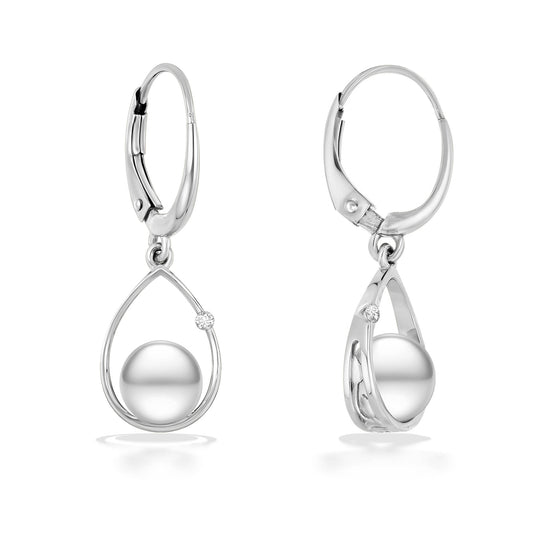 Angled view of white gold raindrop earrings highlighting the akoya pearl and diamonds in the open silhouette. Item No. 19475