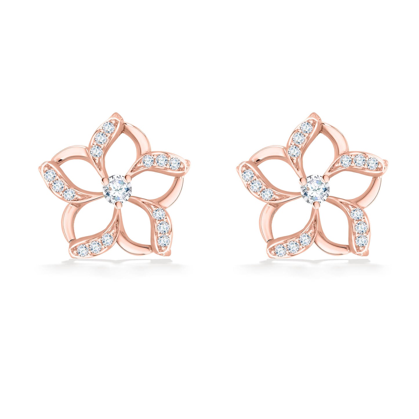 Delicate petite rose gold floating plumeria earrings with pavé-set diamonds on hollow petals & center diamond. Item No. 19499
