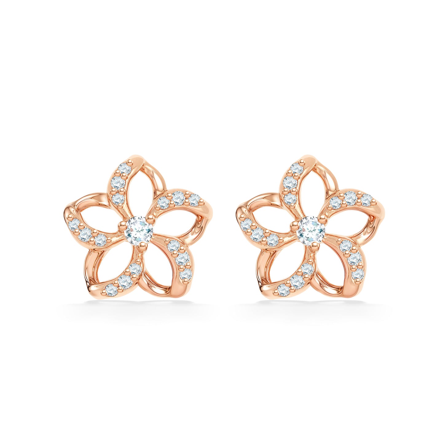 Delicate petite rose gold floating plumeria earrings with pavé-set diamonds on hollow petals & center diamond. Item No. 19499