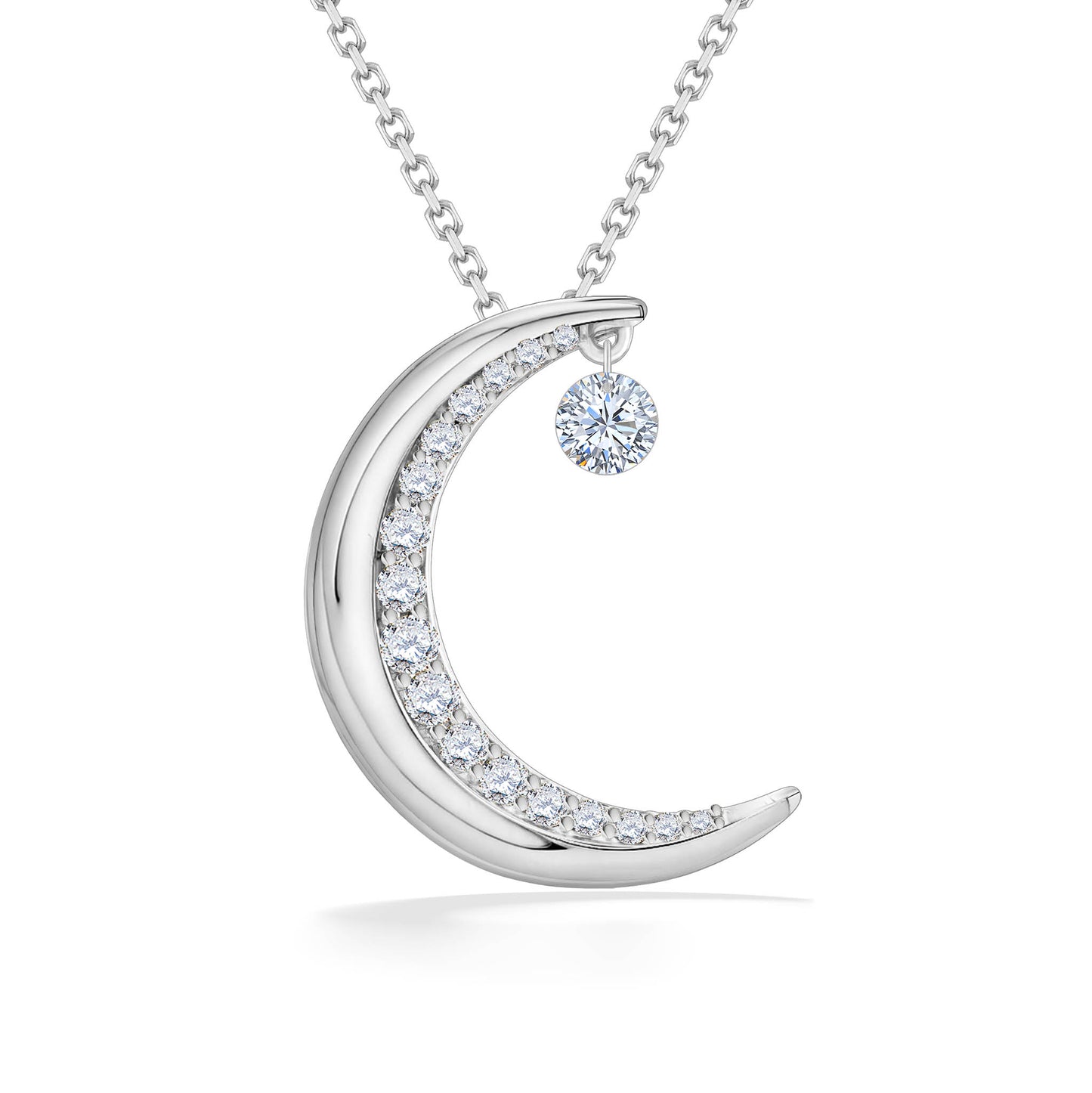 Elegant 14k white gold moon pendant with diamond accents and a single shimmering diamond drop. Item No. 19519