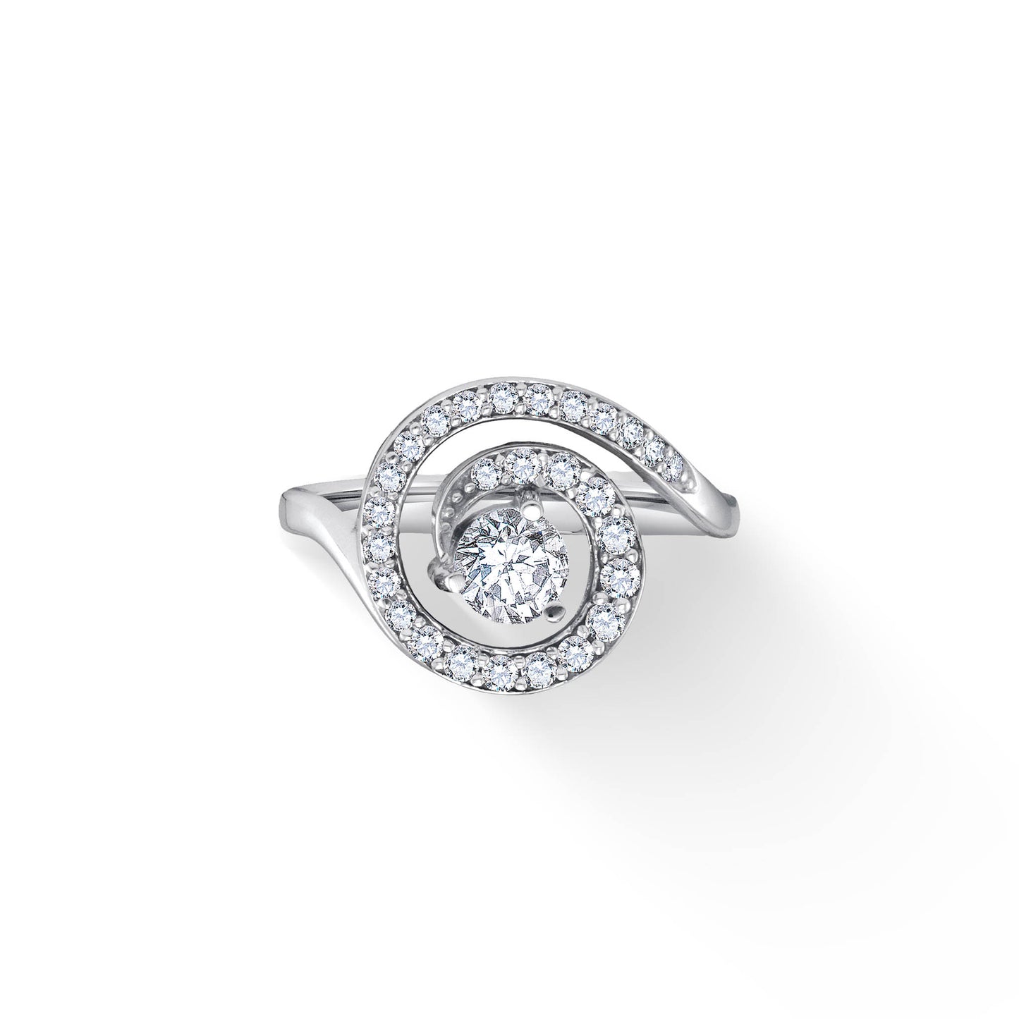White gold spiral ring with round center diamond, surrounded by halo of diamonds, top-down view. Item No. 19521