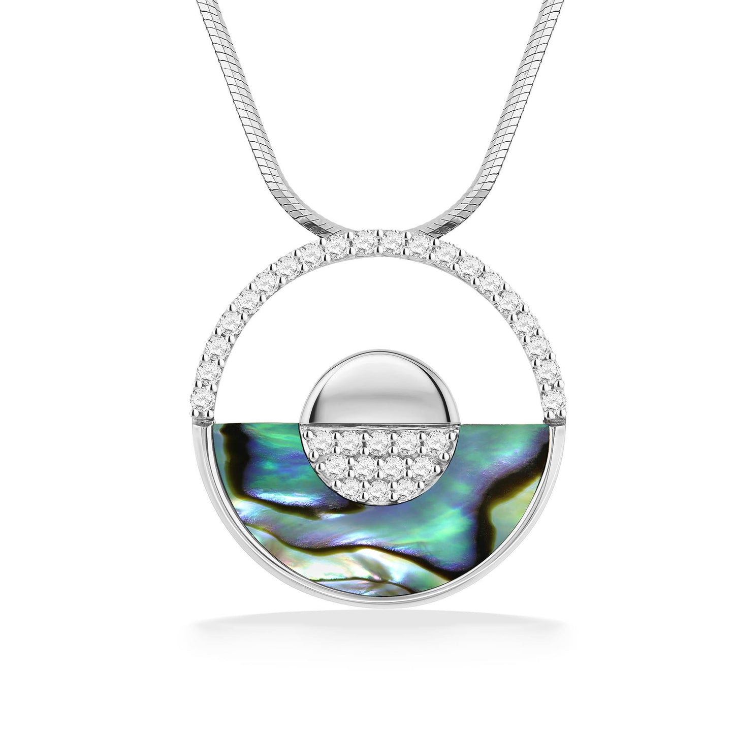 Round pendant in white gold with hollow top half & abalone inlay bottom half, solid center & diamond accents. Item No. 43031