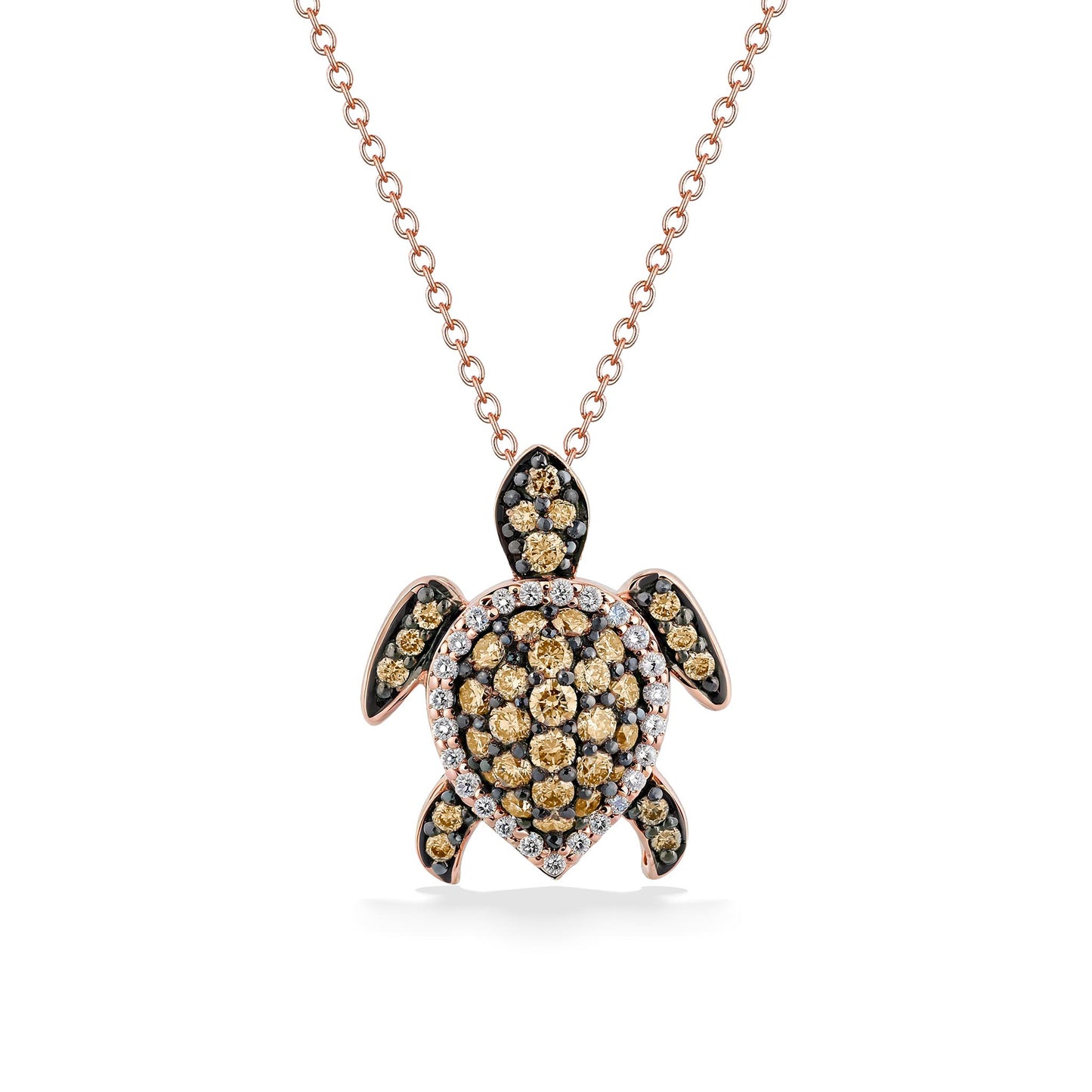 Sea turtle pendant in rose gold, embellished with brown diamonds and a white diamond-lined shell. Item No. 770299