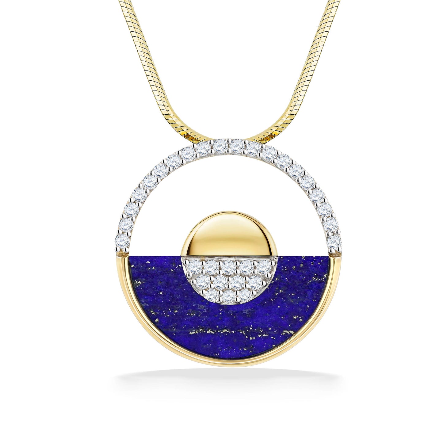 Horizon inspired circle pendant with half lapis lazuli, solid center & diamond accents set in yellow gold. Item No. 41766