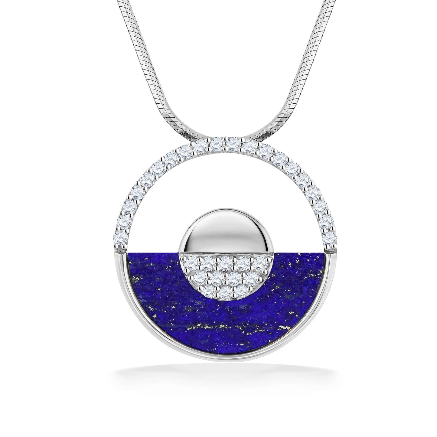 Circle pendant with a solid center with lapis lazuli inlay on bottom half & diamond accents set in white gold. Item No. 41767