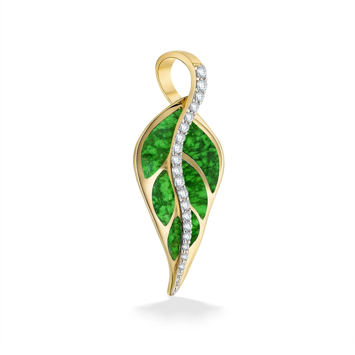 An elongated maile leaf pendant features vivid green maw sit sit inlay traced by diamonds in sculpted gold. Item No. 43026