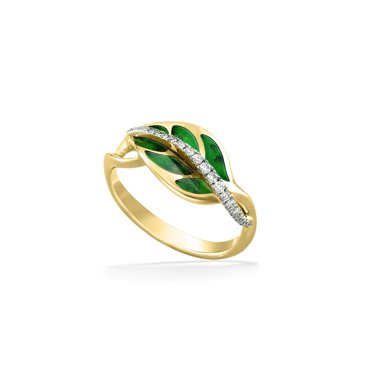 Maile leaf ring set in 14K yellow gold with maw sit sit jade inlay and 0.13 carats total diamond weight. Item No. 43027