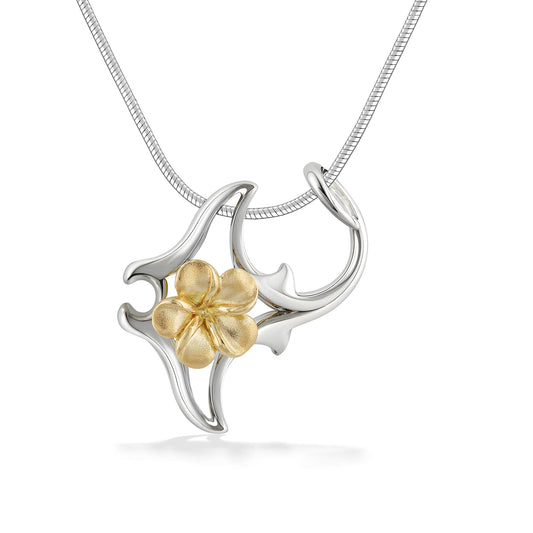 41557 - 14K Yellow Gold and Sterling Silver - Manta Ray and Plumeria Pendant