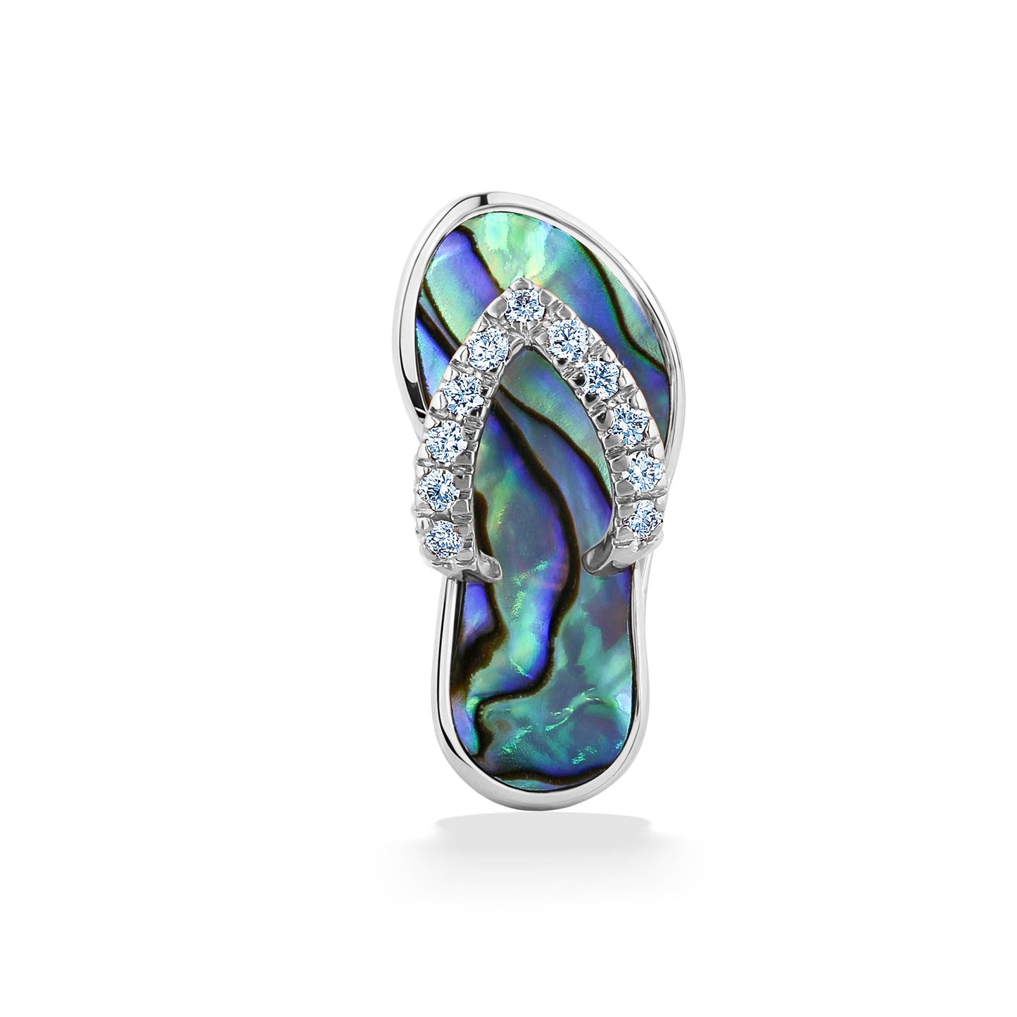 White gold large slipper pendant showcasing an opalescent abalone inlay with diamond embellished straps. Item No. 41509