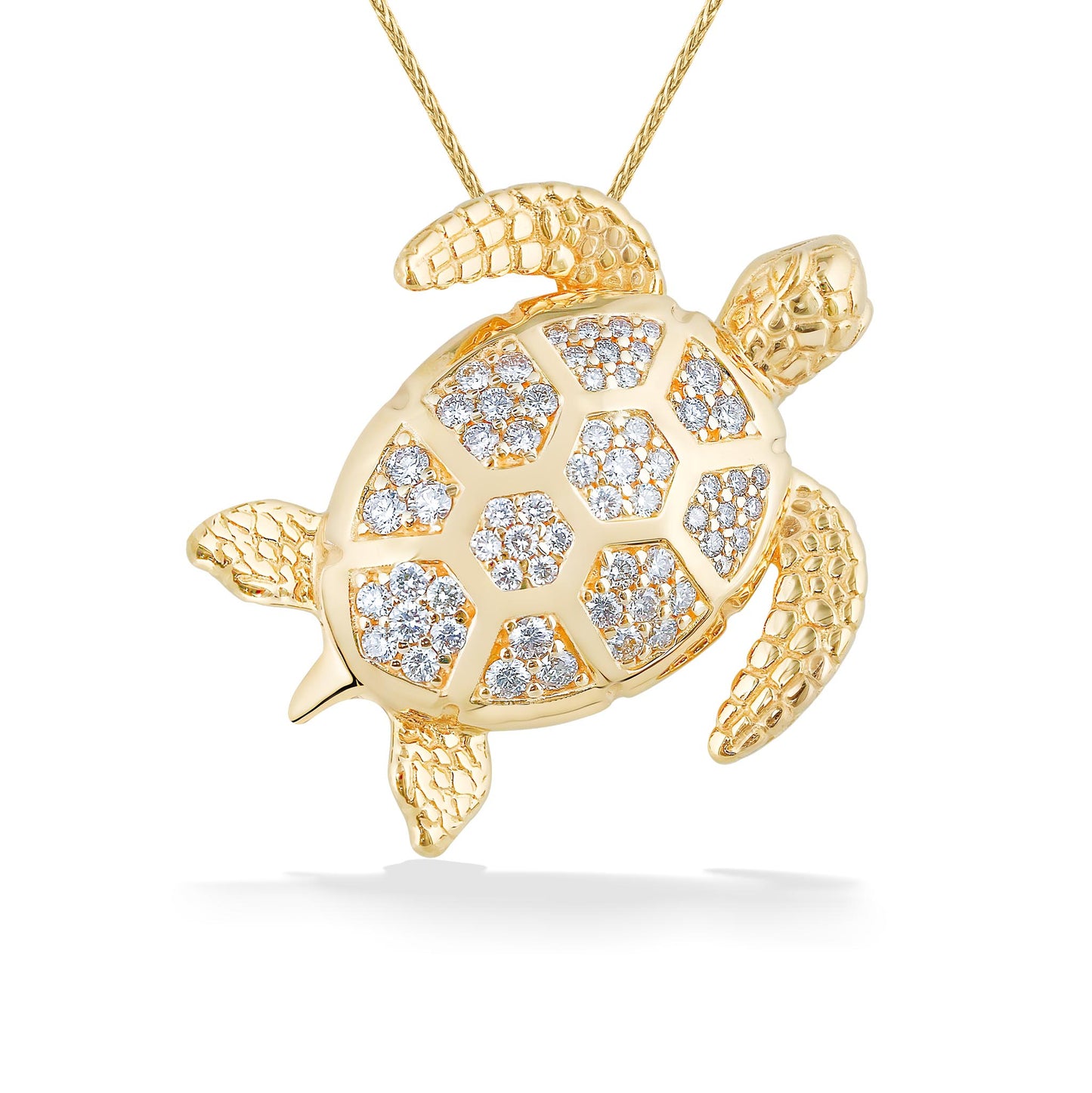 Stunning yellow gold sea turtle slide with realistic details of flippers & head, & a diamond glittered shell. Item No. 41343