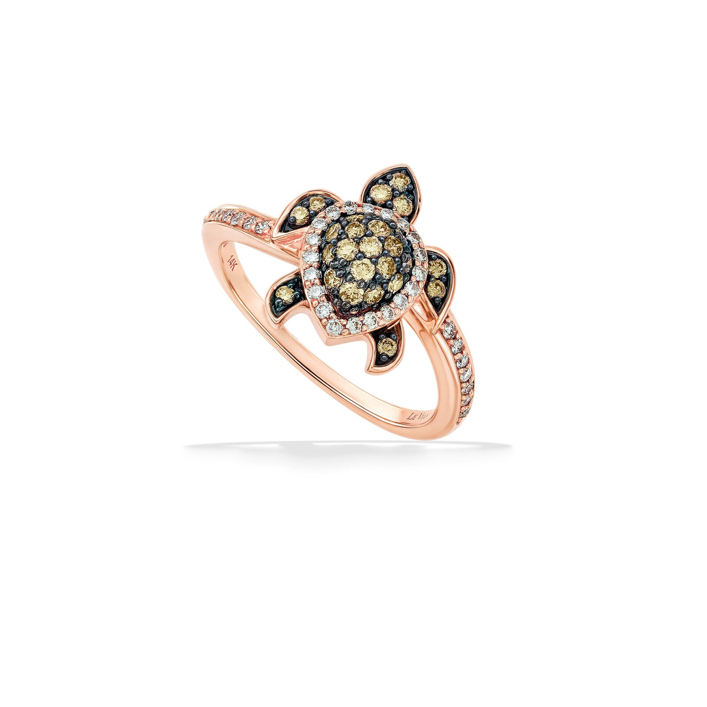 Rose gold turtle ring with a cute turtle design on top, showcasing brown and white diamonds. Item No. 769702