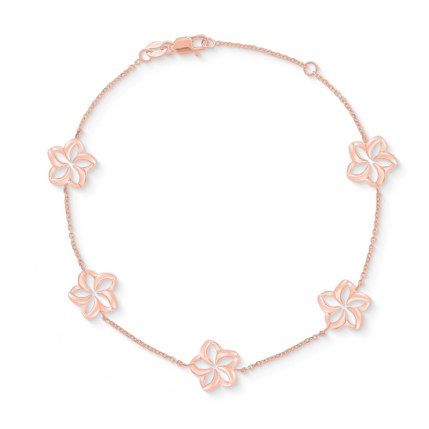 Chic rose gold bracelet with 5 floating plumerias spaced evenly. Bracelet has a jump ring for adjustability. Item No. 41389