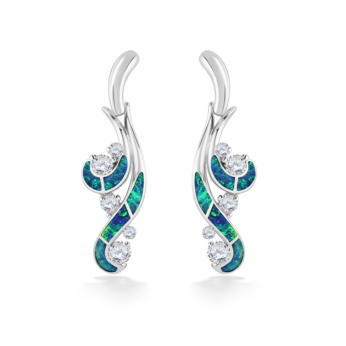 Dangle waterfall earrings designed to mimick a waterfall, with opal inlay and diamonds, set in white gold. Item No. 41308