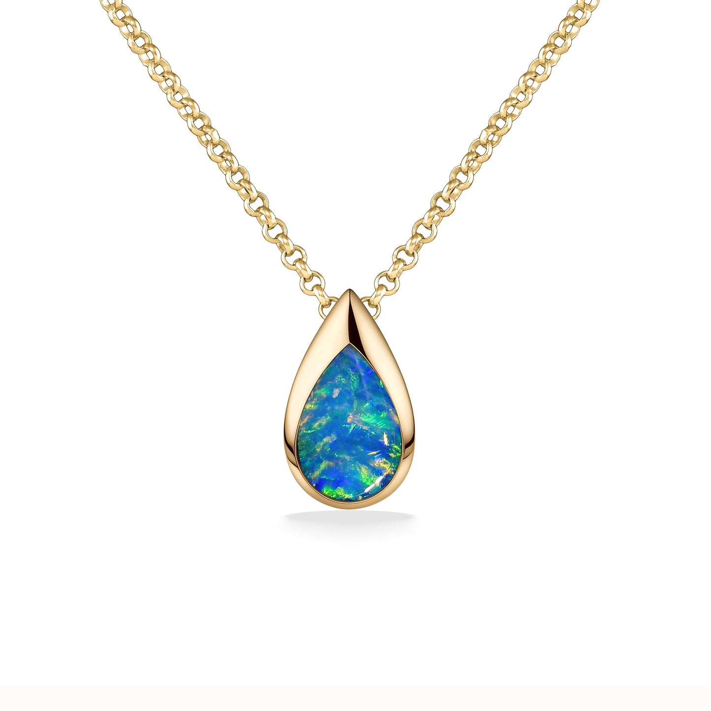 Yellow gold teardrop shaped pendant with iridescent opal inlay on a 14k yellow gold chain. Item No. 769689