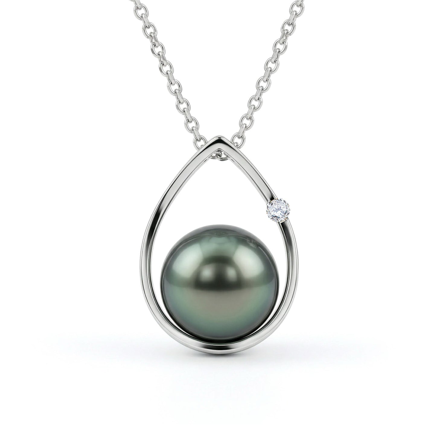 White gold teardrop-shaped pendant with a 7mm peacock Akoya pearl and a single diamond accent on a chain. Item No. 41326