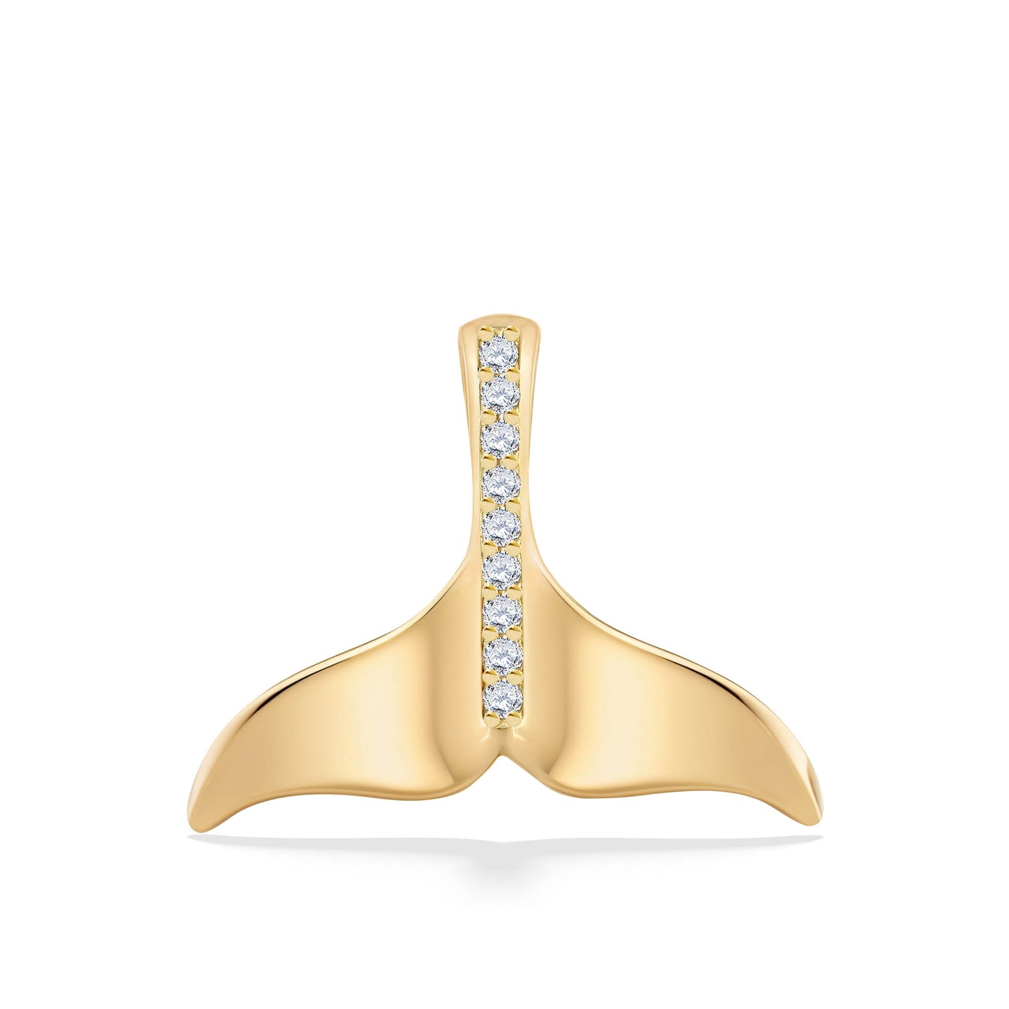 Large whale tail pendant made in 14k yellow gold with pavé-set lined diamond peduncle. Item No. 41299