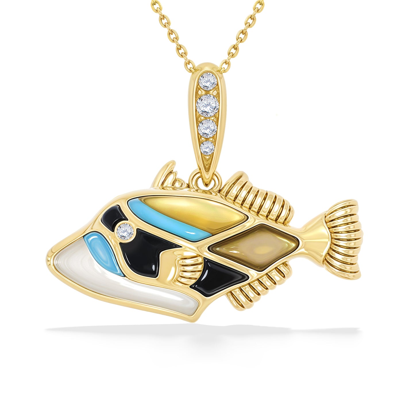 Humuhumu fish pendant with turquoise black onyx and mother of pearl inlay, diamond accents and detailed fins. Item No. 769672