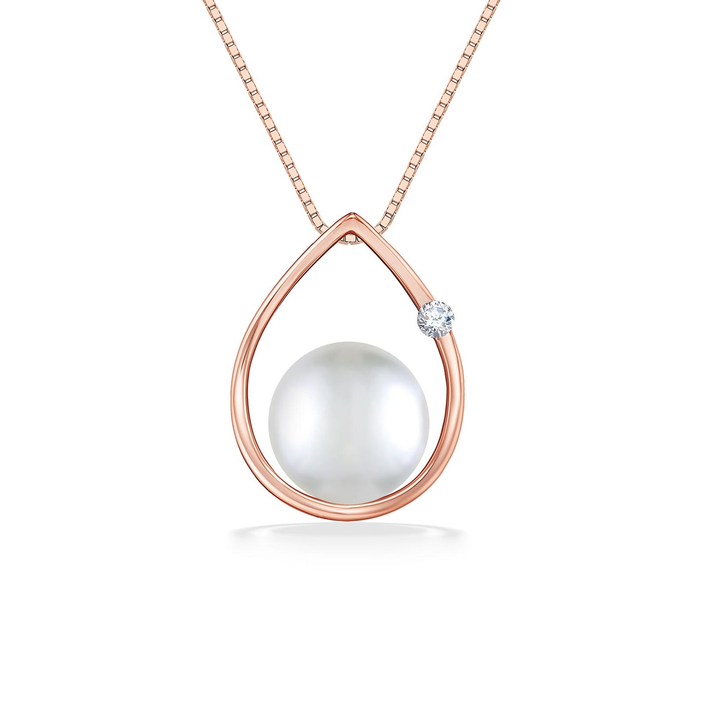 Raindrop shaped pendant made in 14k rose gold with white akoya pearl and diamond accent. Item No. 41230