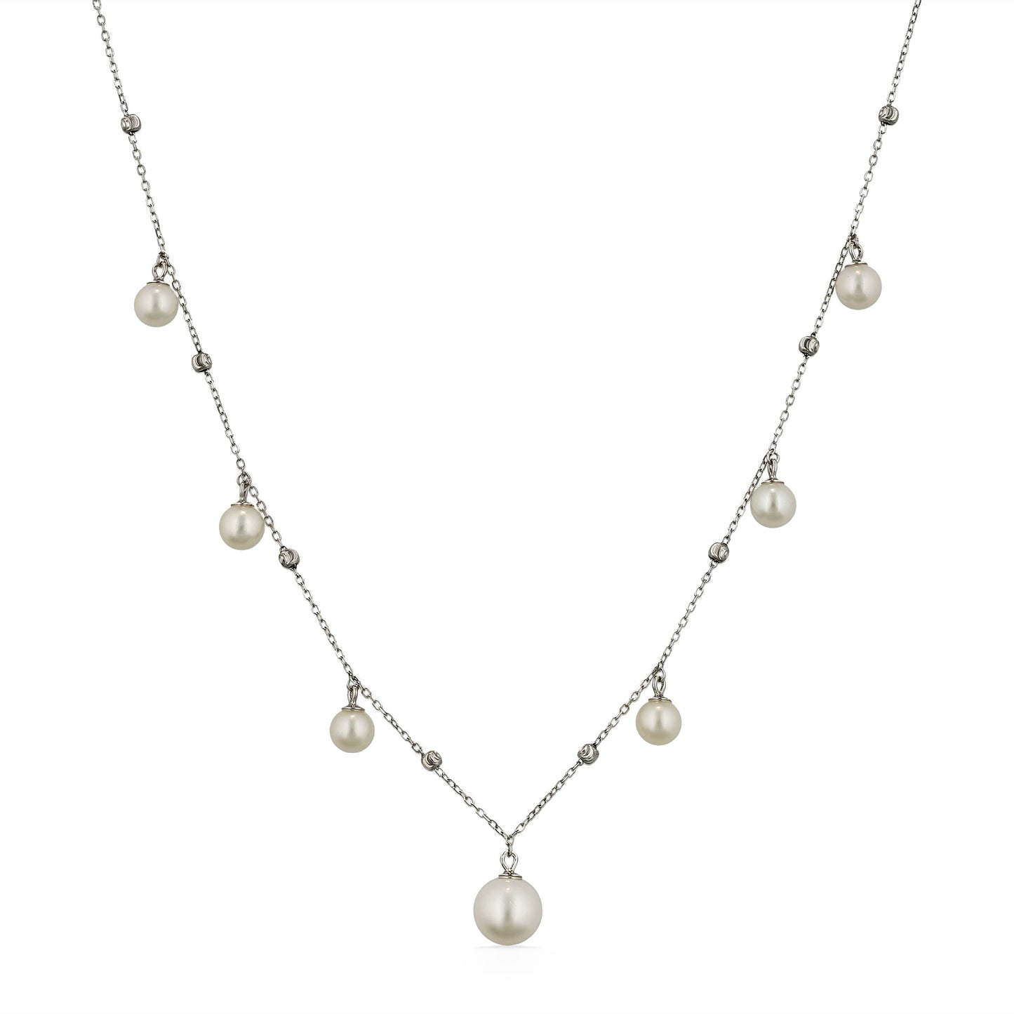 A dainty silver necklace with scattered freshwater pearls and diamond accents spaced evenly along the chain. Item No. 700739