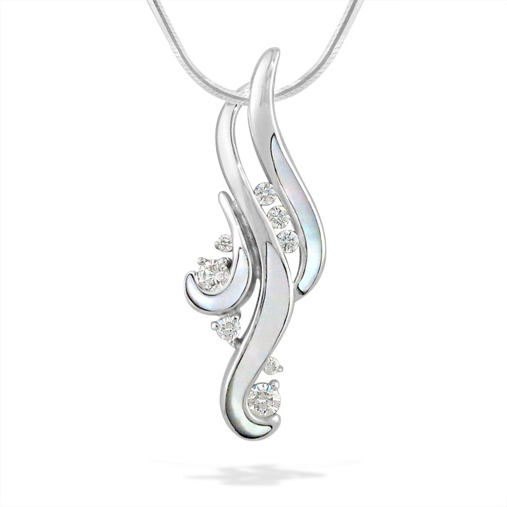 Waterfall-shaped 14k white gold pendant with white mother of pearl inlay and diamond accents. Item No. 40814