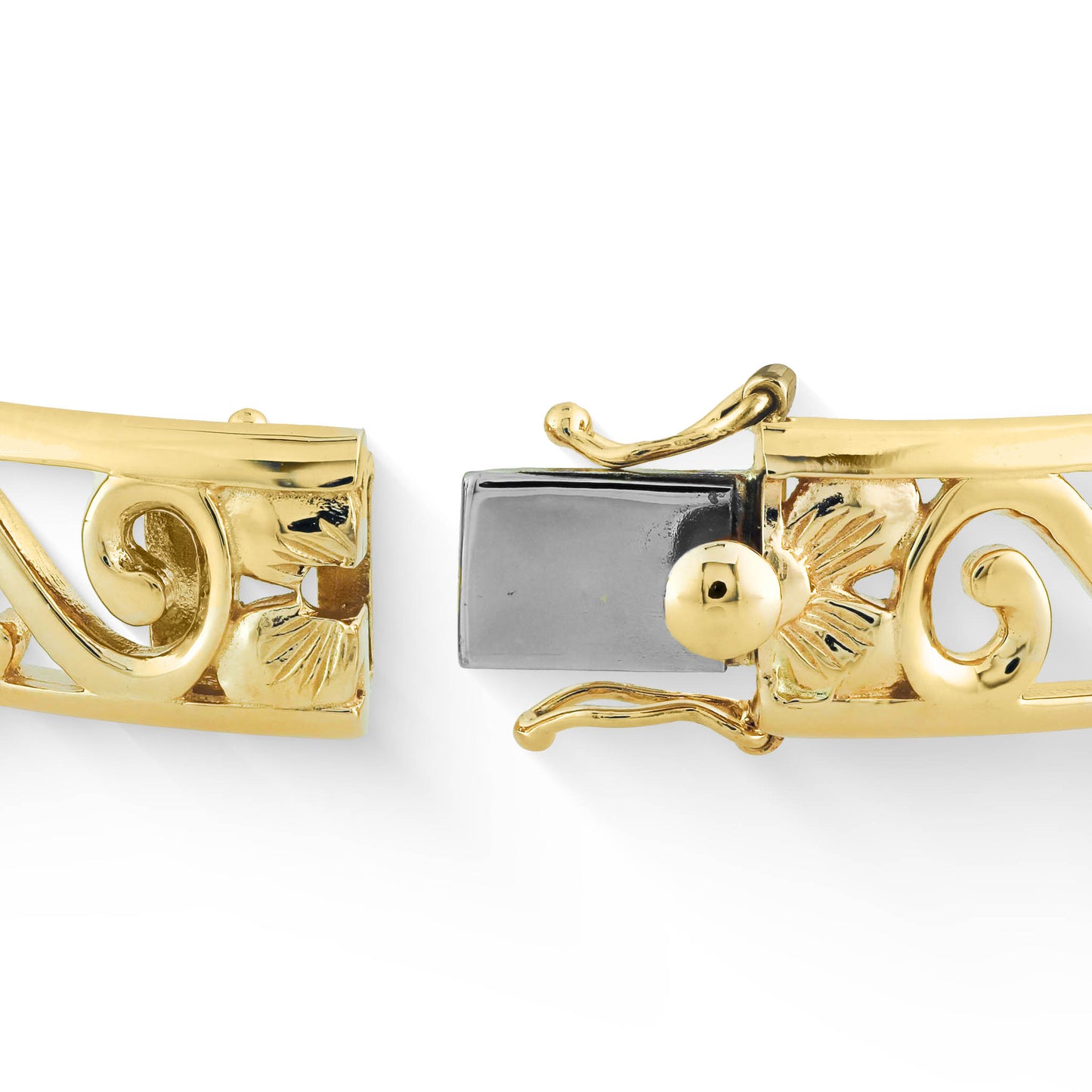 Close up photo of the tongue of the box clasp in 14K white gold, the rest of the bracelet in 14K yellow gold. Item No. 41456