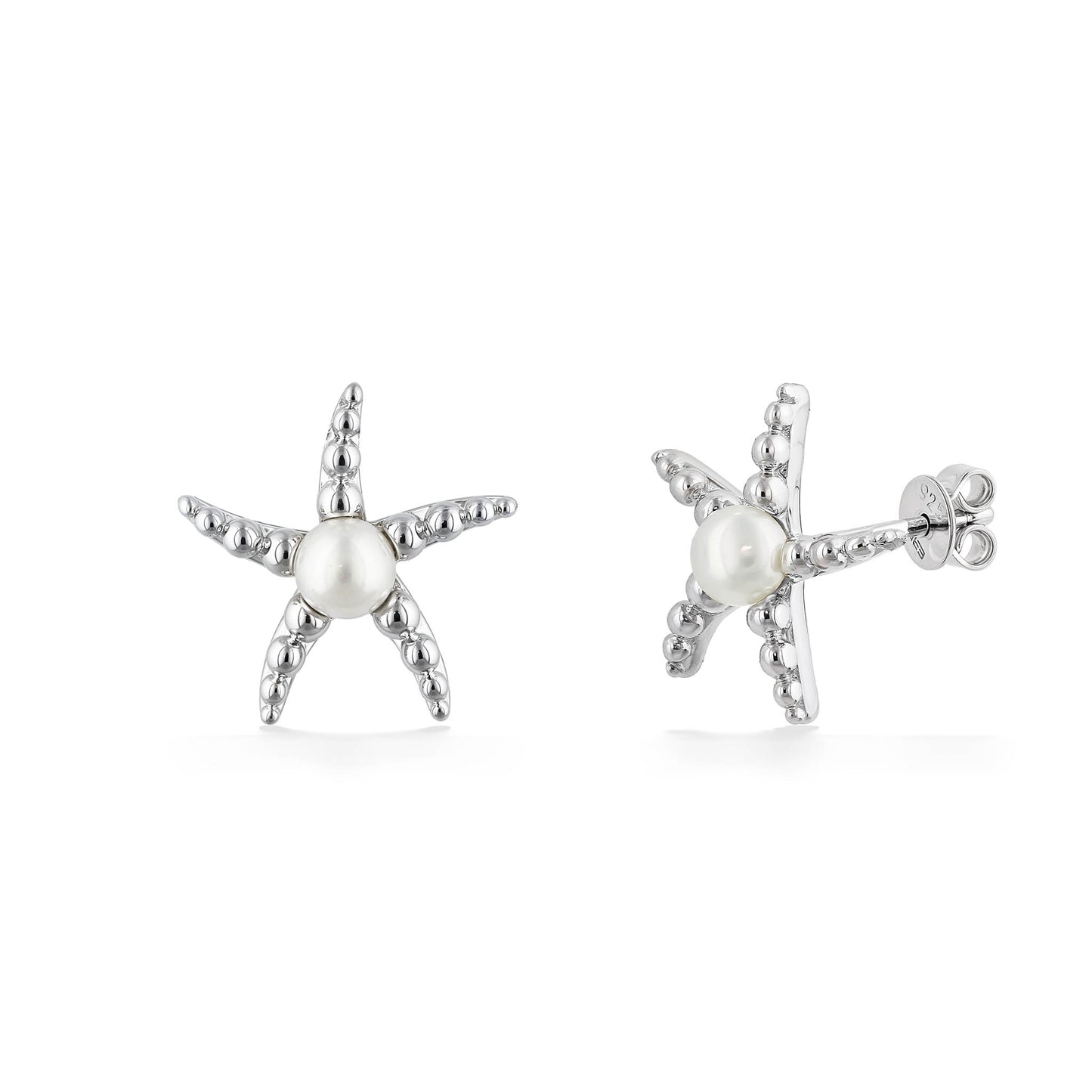 Starfish pearl stud earrings shown from front & side angles, highlighting the smooth backs & earnuts. Item No. 700720