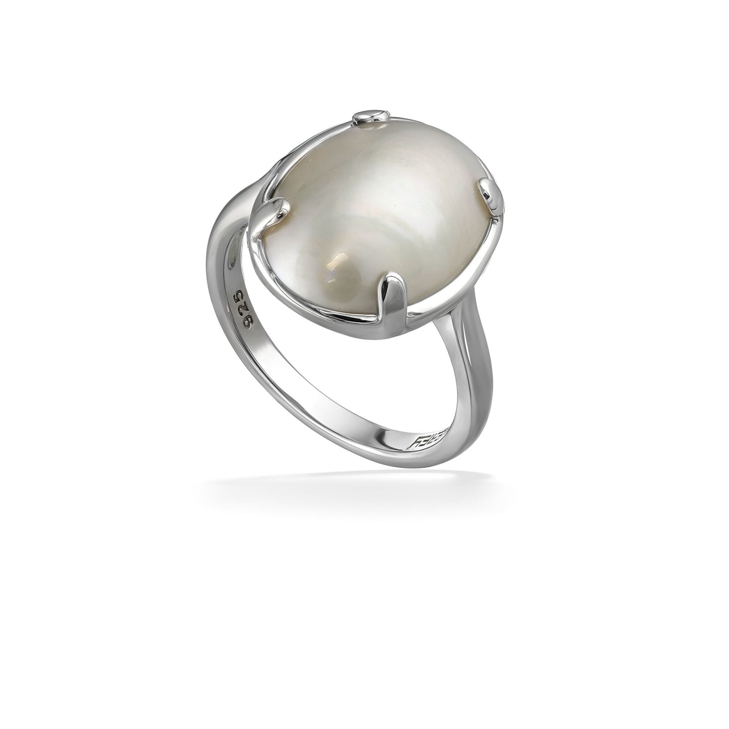 Polished sterling silver ring with a large oval white freshwater cabochon-shaped Mabe set in four prongs. Item No. 700736