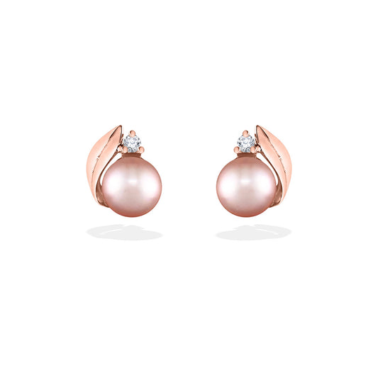 Pair of rose gold stud earrings soft pink pearls topped with leaf-like accents & sparkling diamonds. Item No. 41451