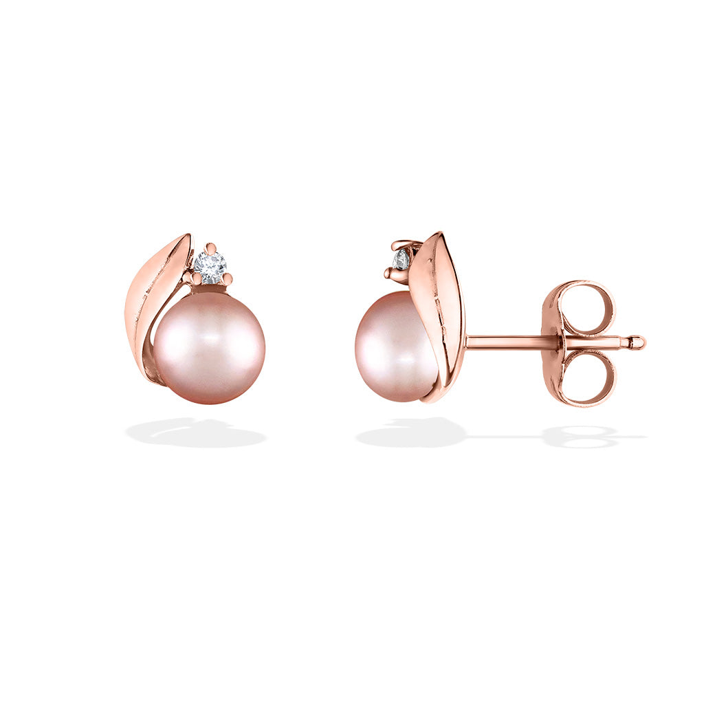 Side & front view of rose gold pearl stud earrings, highlighting the maile leaf detail & secure post backings. Item No. 41451