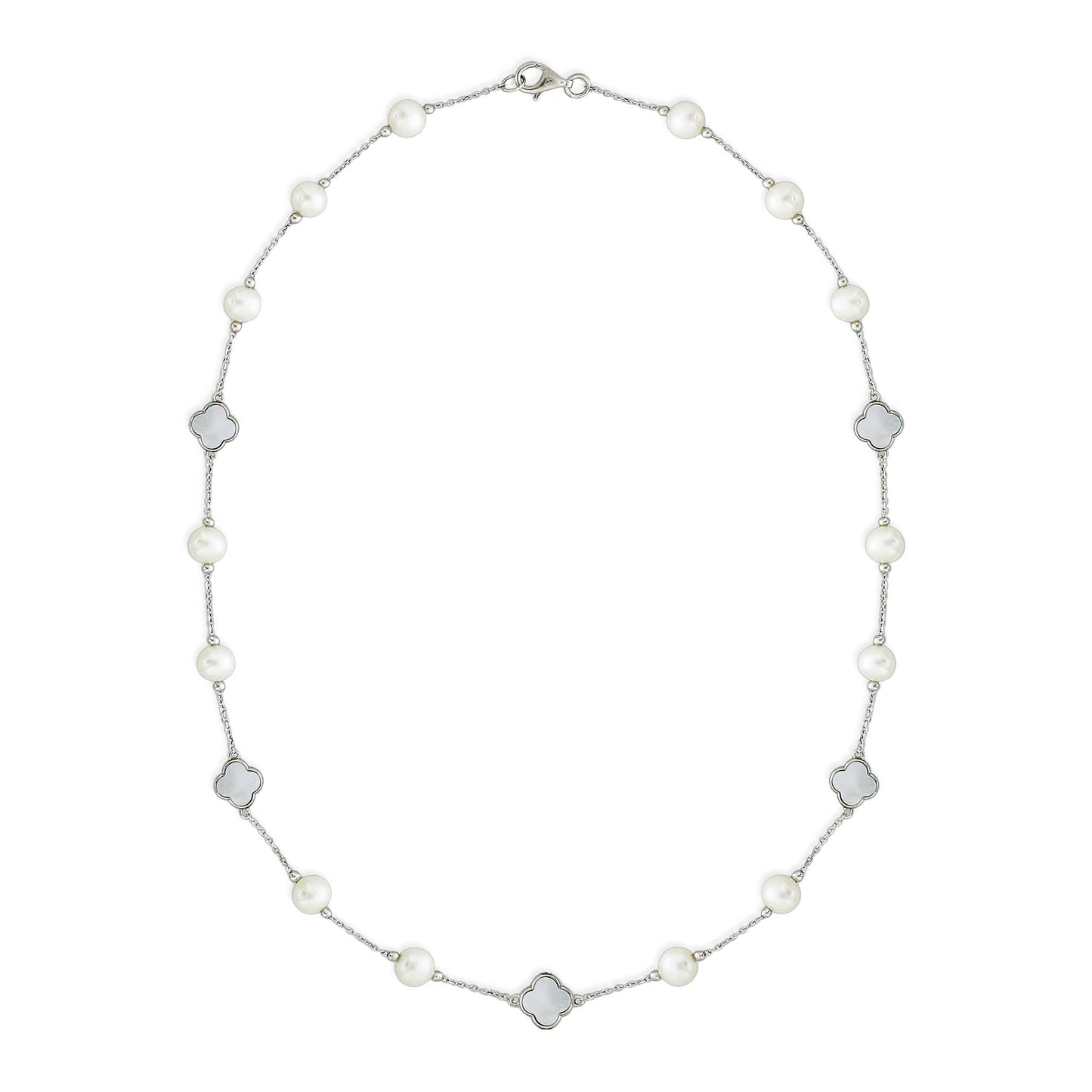 Full view of pearl and mother-of-pearl station necklace arranged in an elegant continuous design. Item No. 700697