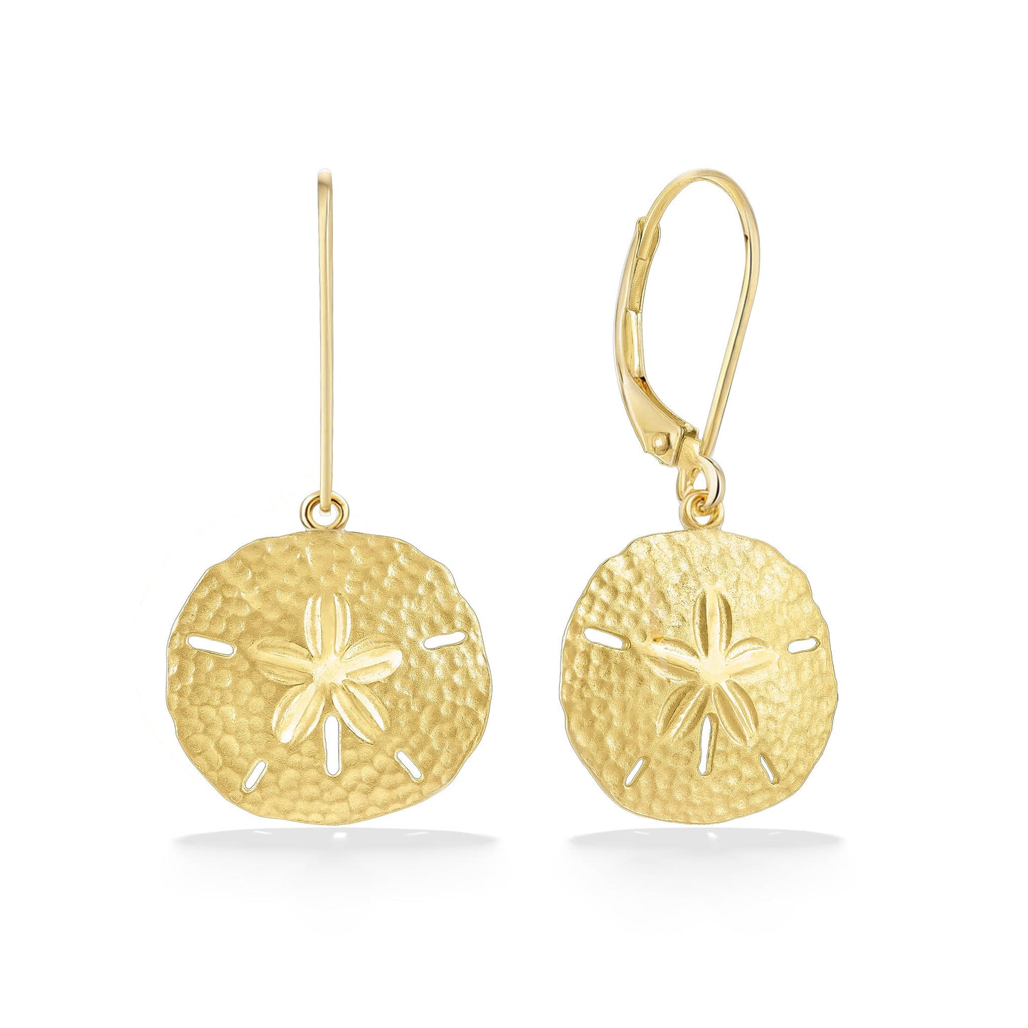 14k yellow gold earrings with leverback closures, each featuring a detailed half-inch sand dollar charm. Item No. 40998